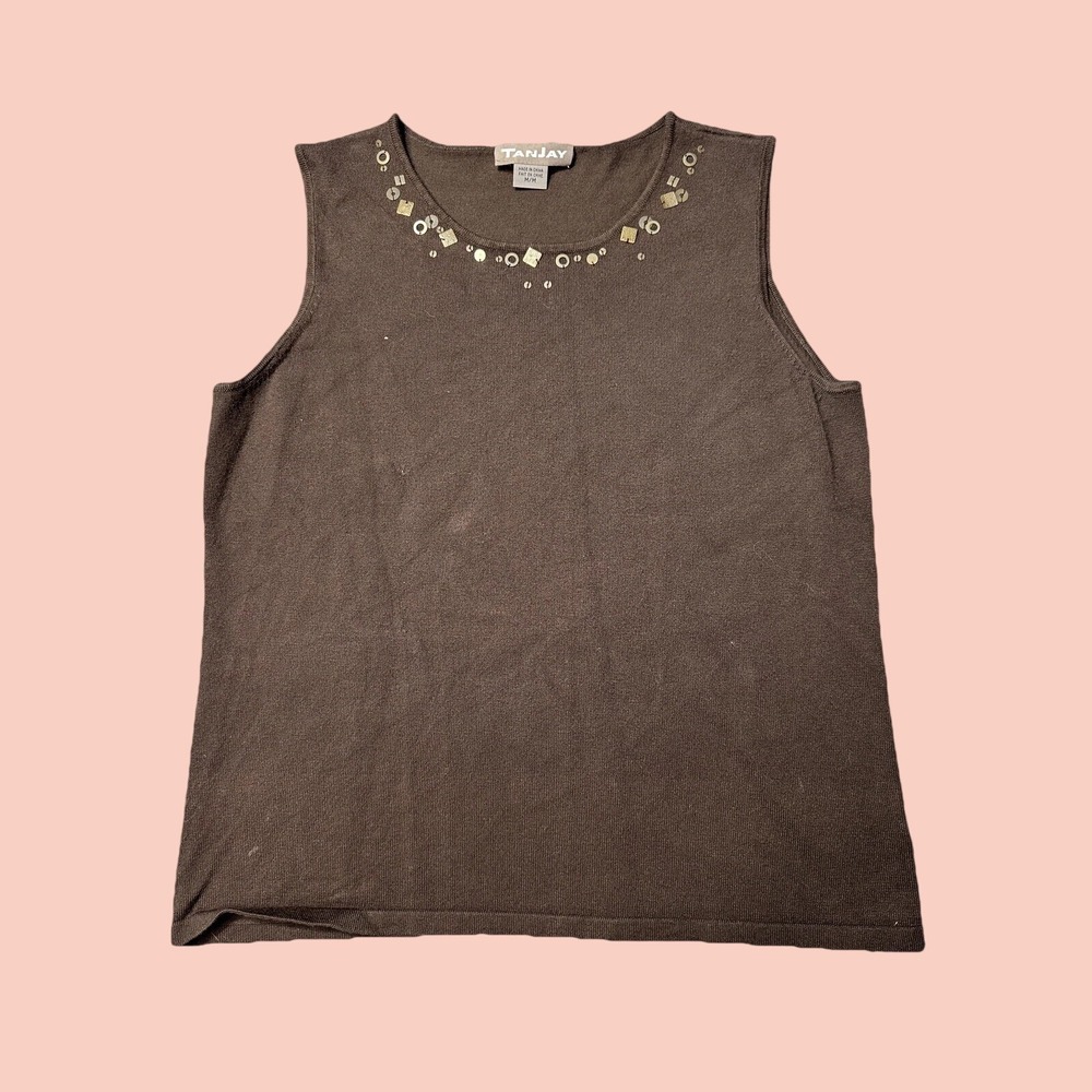 Tanjay Knit Top Women M Brown Sleeveless Beaded Neckline Rayon Blend 542190711